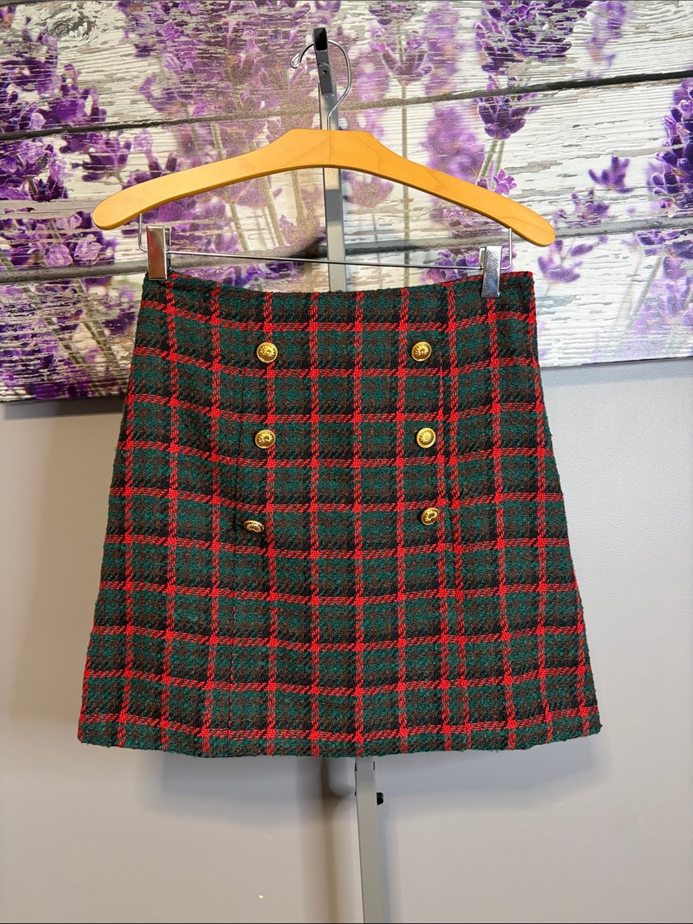 Women's Prosperina Gold Label Green & Red Plaid Wool Skirt Size S